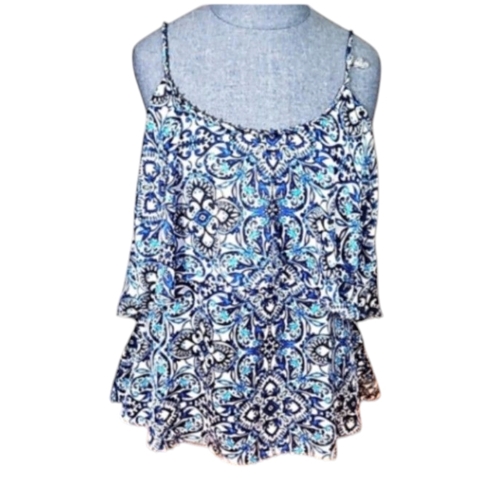 White House Black Market Blue Paisley Braided Tiered Spaghetti Strap Top…